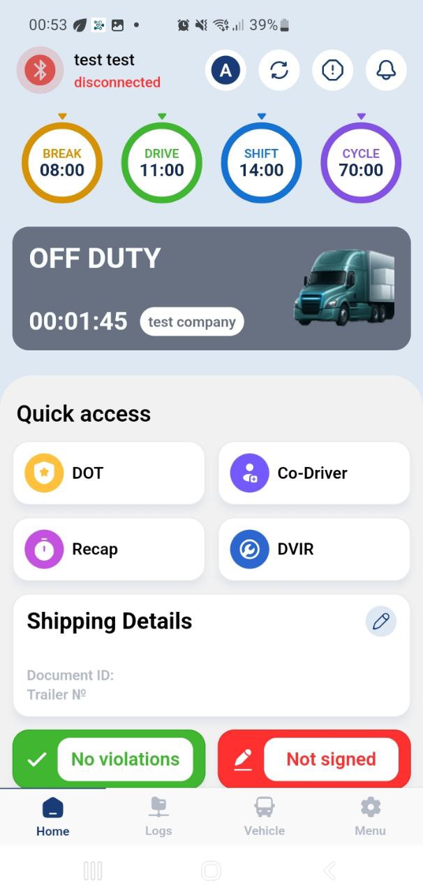 NextLog Driver App – Home screen