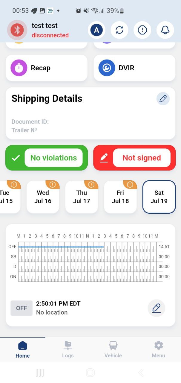 NextLog Driver App – Logs screen