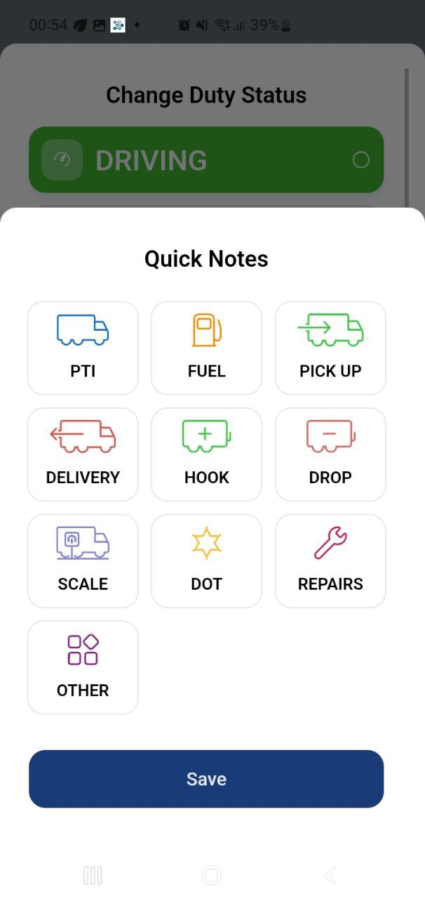 NextLog Driver App – Quick Notes screen